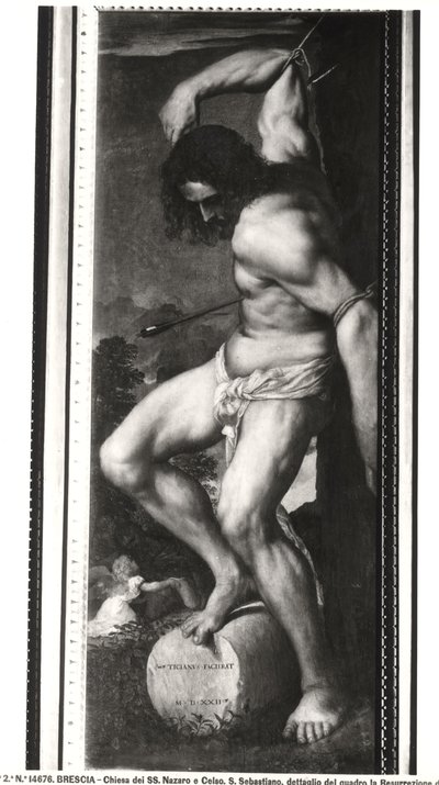 Averoldi Polyptych, panel depicting the Martyrdom of St. Sebastian, 1522 (detail) by Tiziano Vecelli